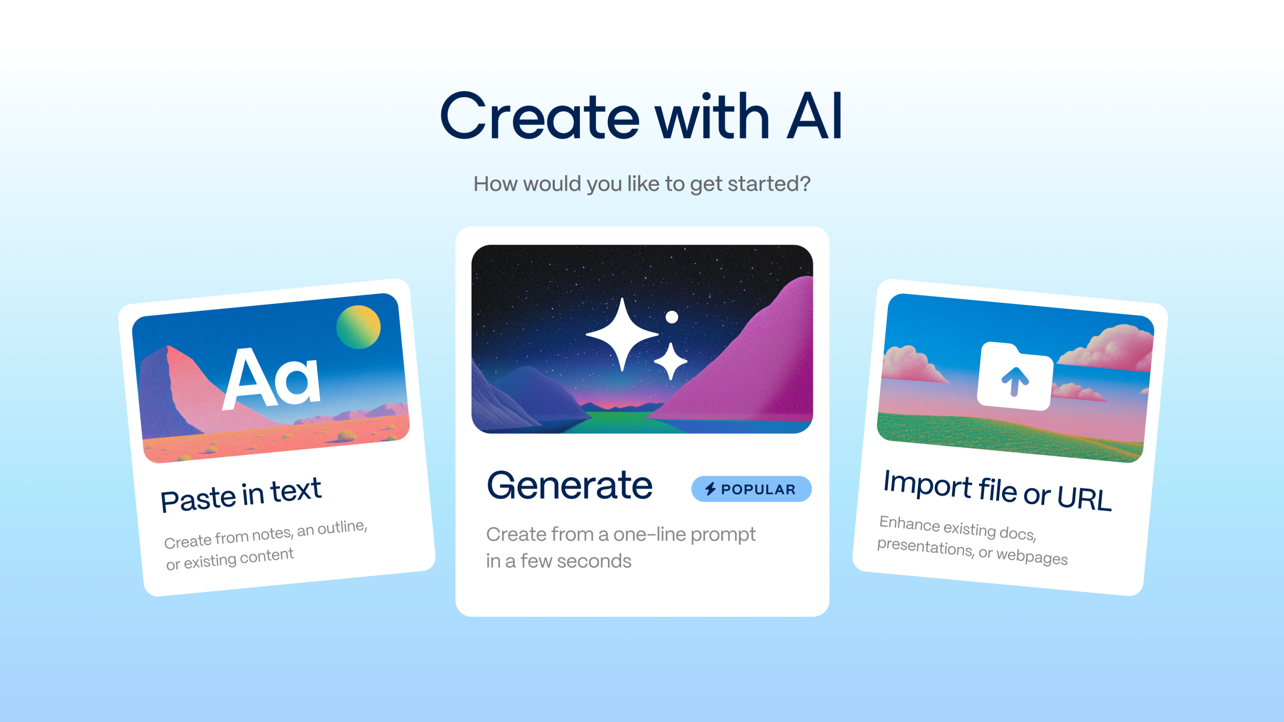 Screenshot of Gamma AI’s “Create with AI” screen showing three options: Paste in text, Generate, and Import file or URL.
