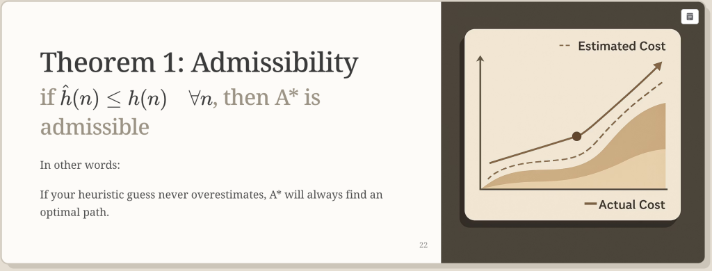 One of the slides from my seminar presentation, created with Gamma AI, explaining why A* guarantees the best path when its estimate never overestimates the real cost.