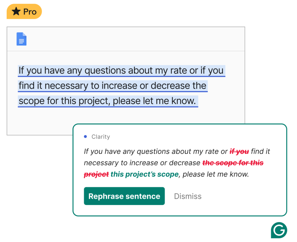 screenshot of Grammarly rephrasing a sentence in real time