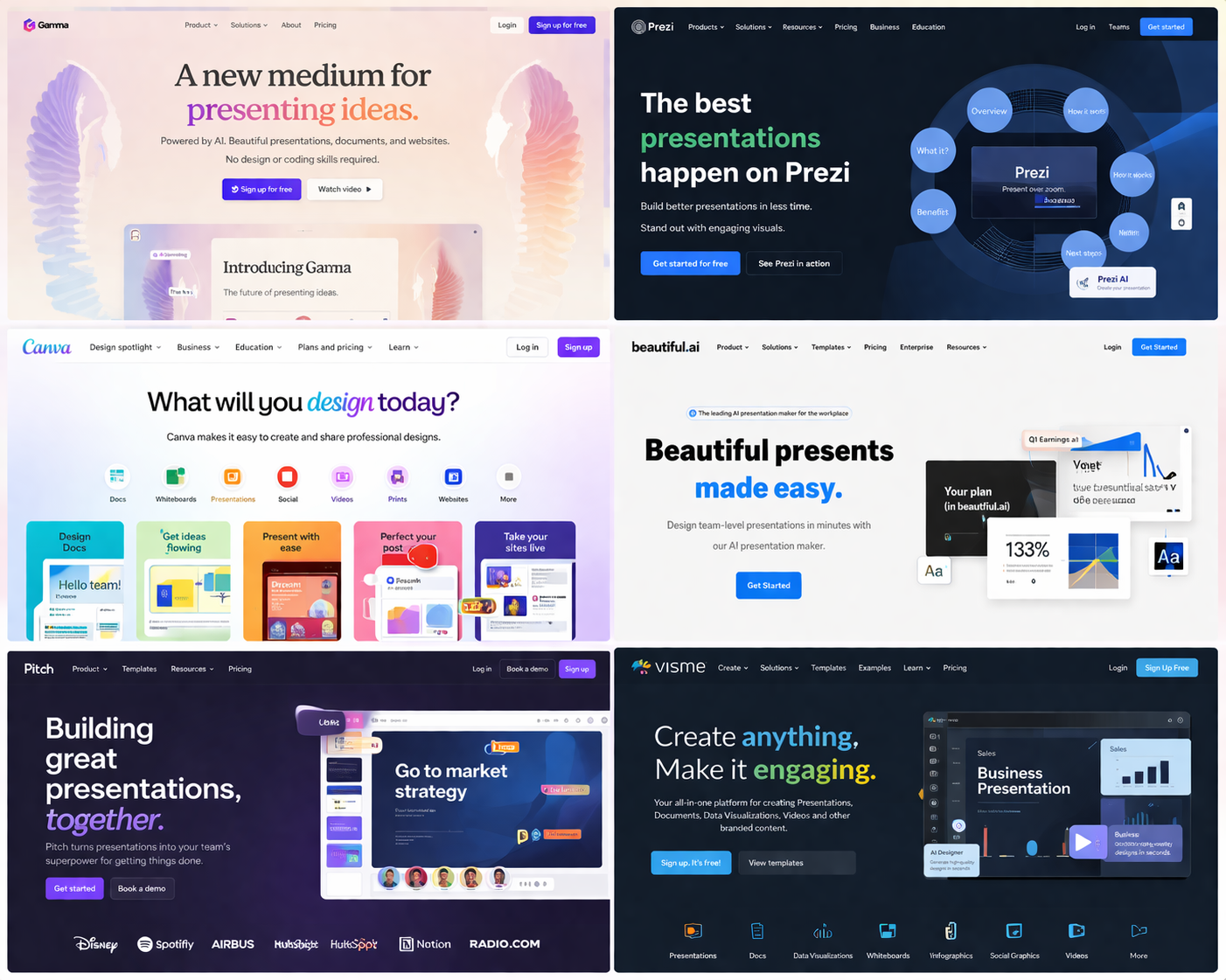 a collage of Gamma, Prezi, Canva, Beautiful.ai, Pitch, and Visme homepages