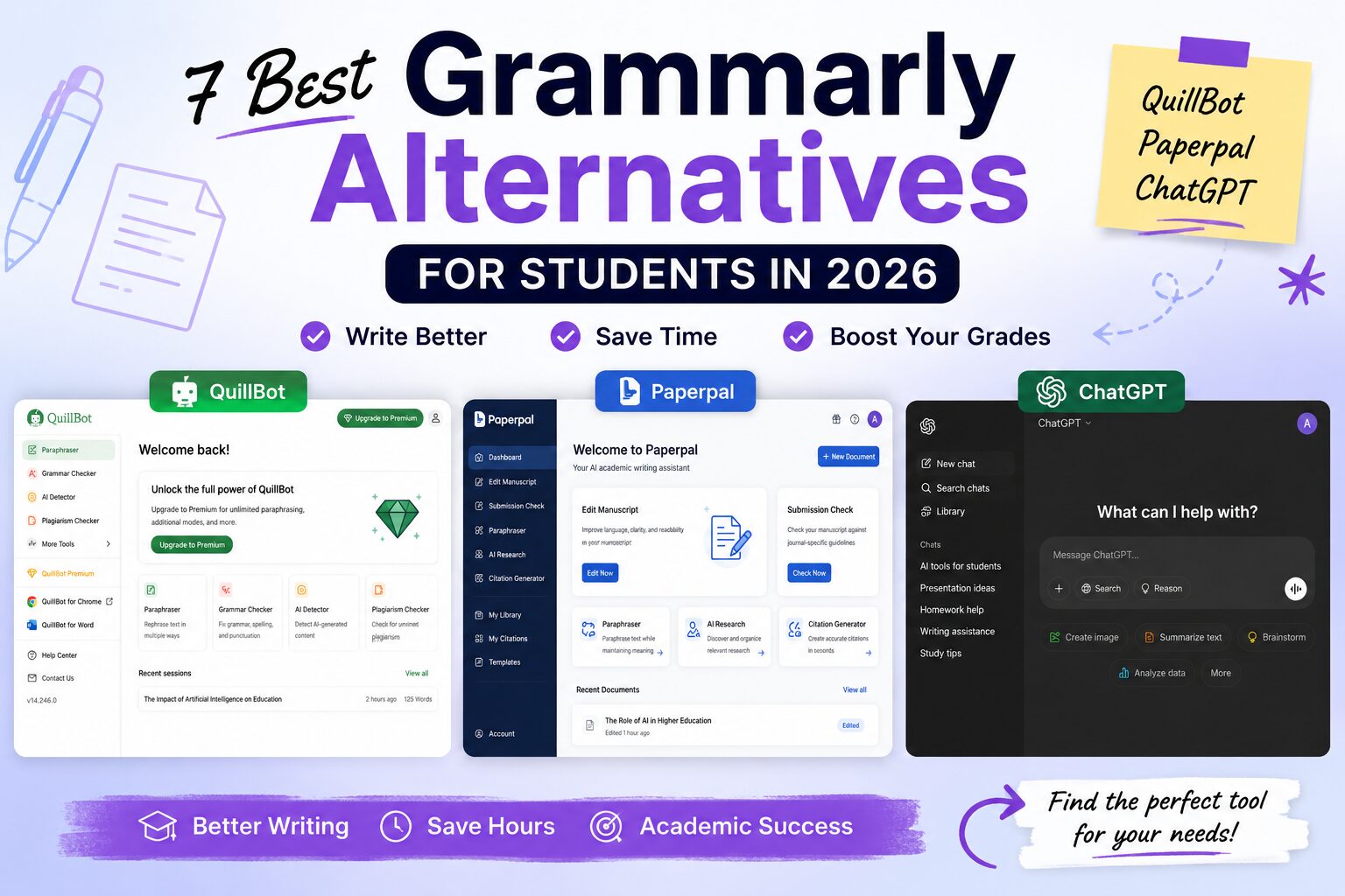 Best Grammarly alternatives for students in 2026, including AI writing tools for essays, proofreading, grammar, and academic writing