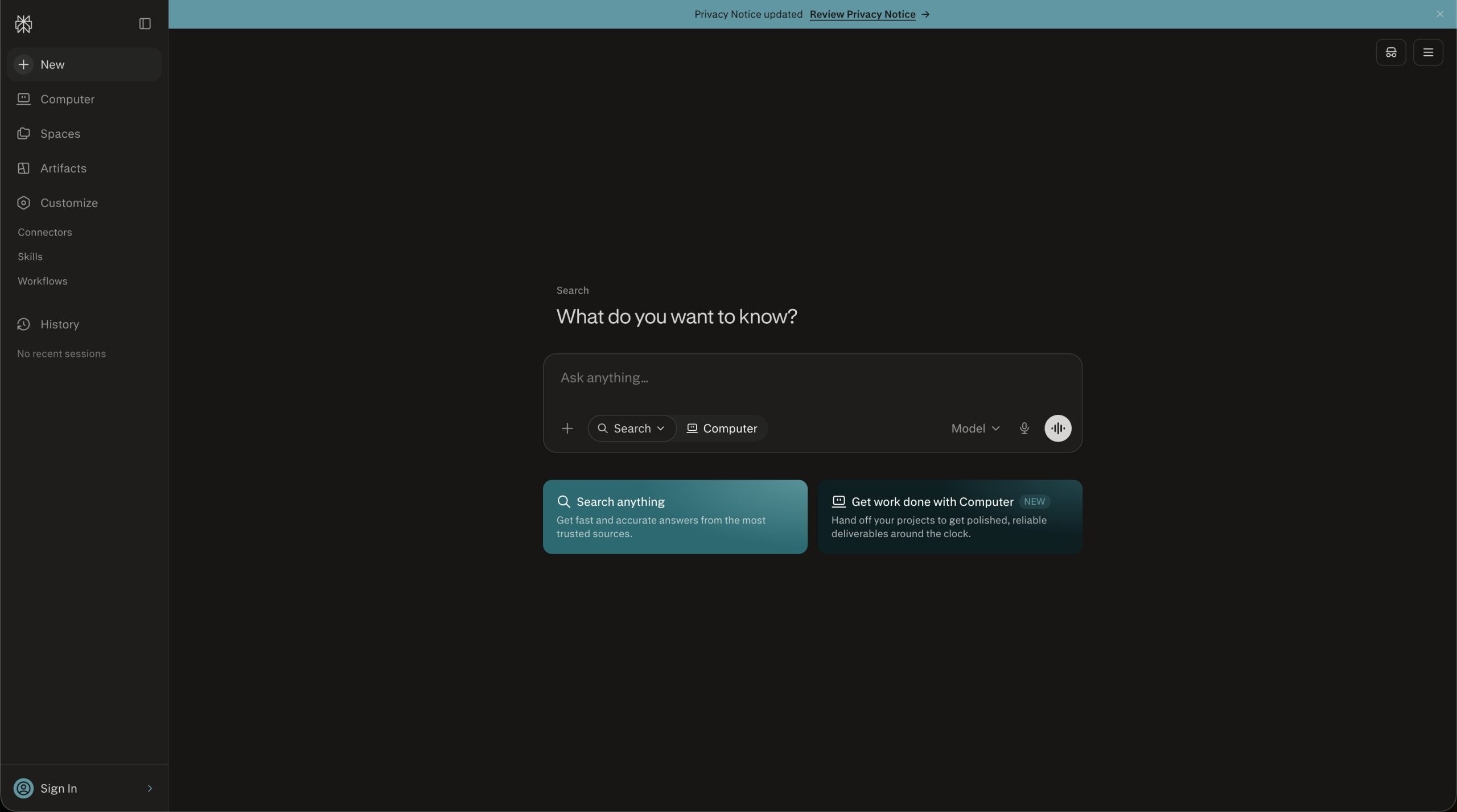 Perplexity AI dashboard for students using Education Pro