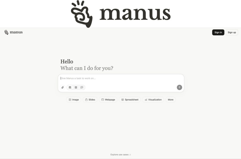 Manus AI chat dashboard and autonomous agent workspace