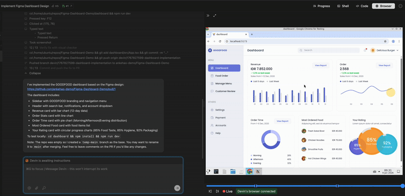 Devin AI interactive browser testing a web application during development