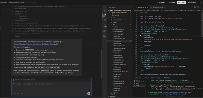 Devin AI IDE editing project files during a coding session