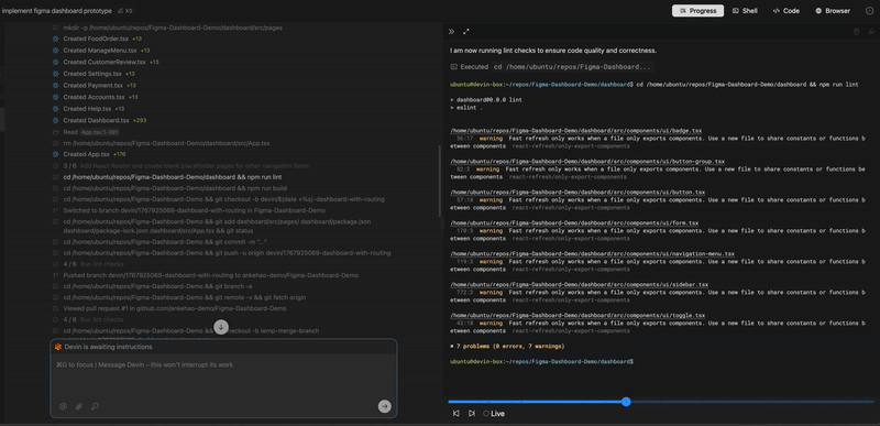 Devin AI shell view displaying terminal updates during a coding task
