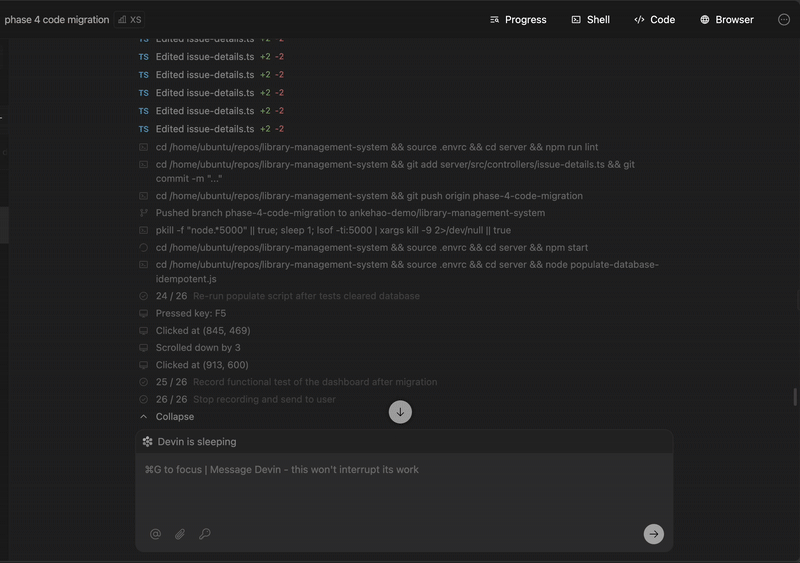 Devin AI progress tab showing task steps and coding session status