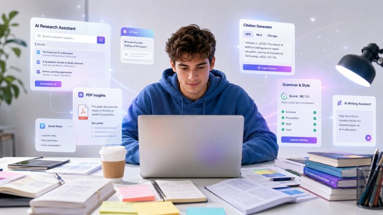 Student using AI research tools to organize PDFs, notes, sources, and academic writing.
