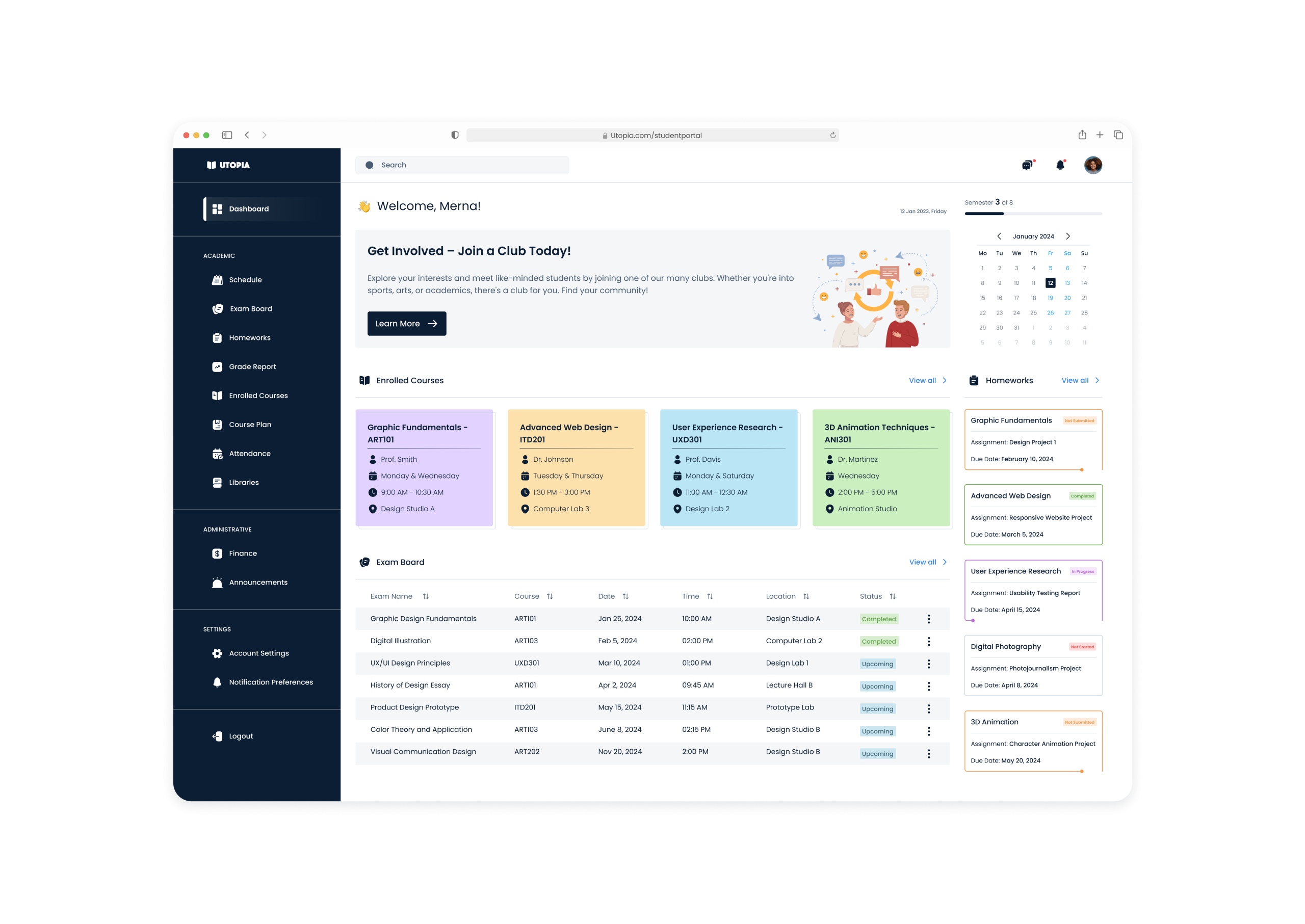 Figma student dashboard example for education projects