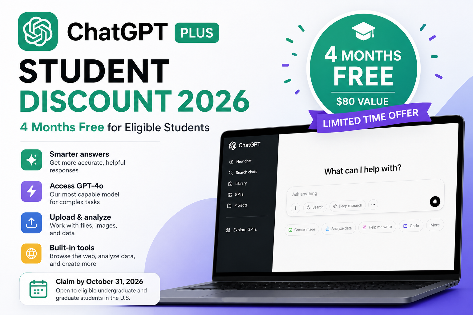 ChatGPT Plus Student Discount 2026 with 4 months free for eligible U.S. students