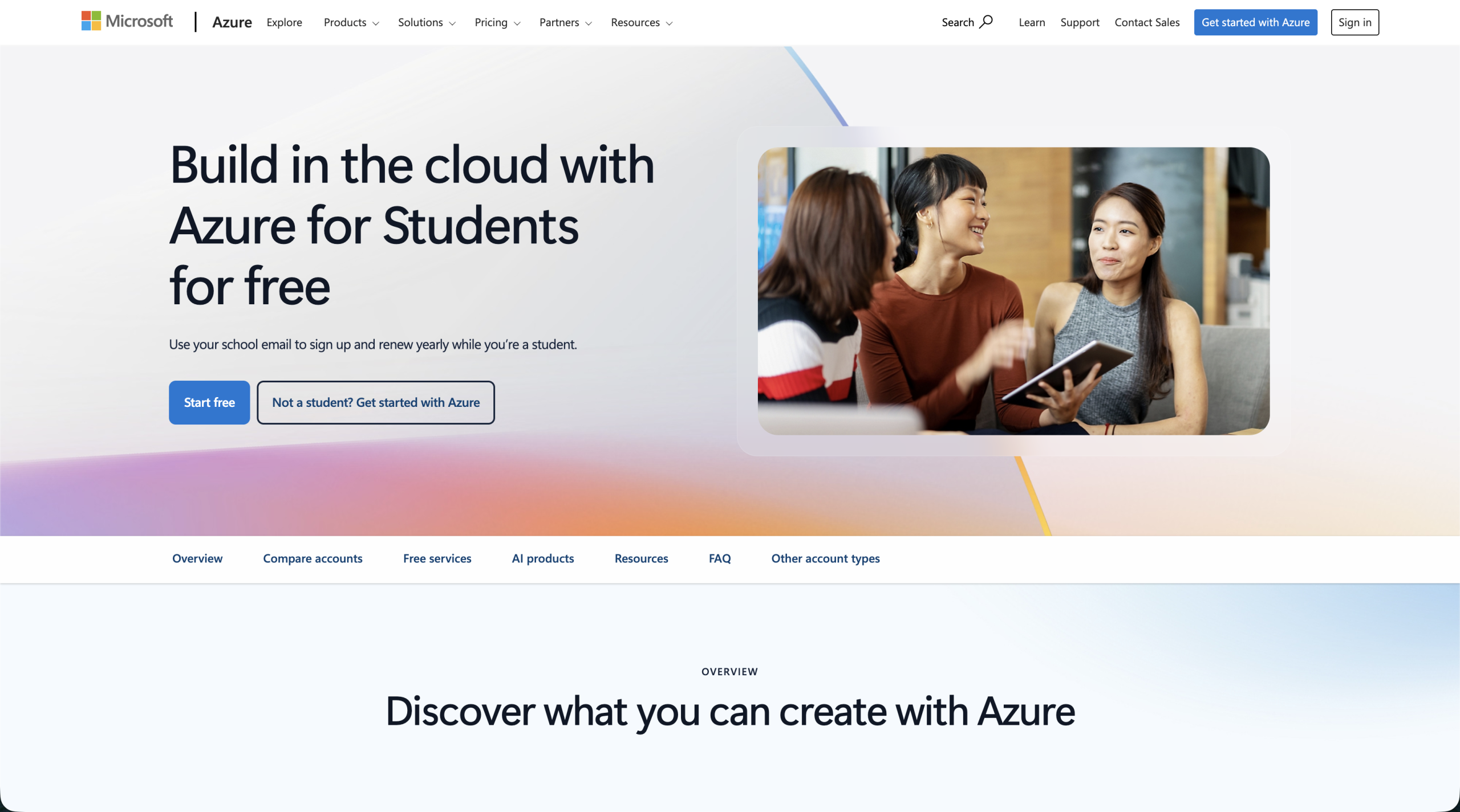 Microsoft Azure for Students Start Free page showing the student Azure offer