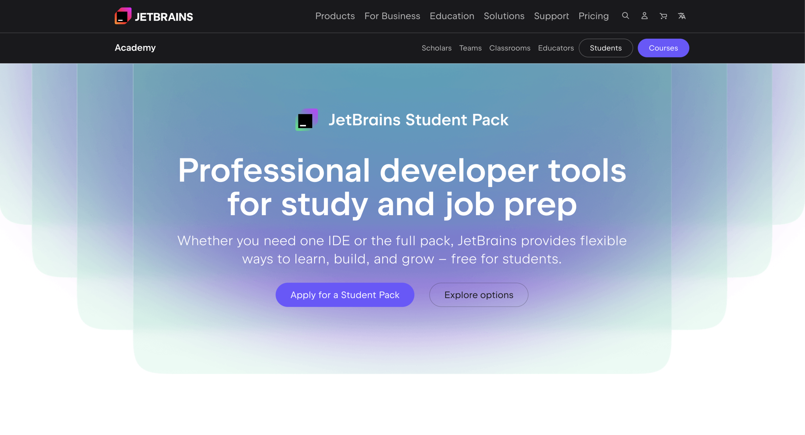 JetBrains Student Pack application page for free student IDE access