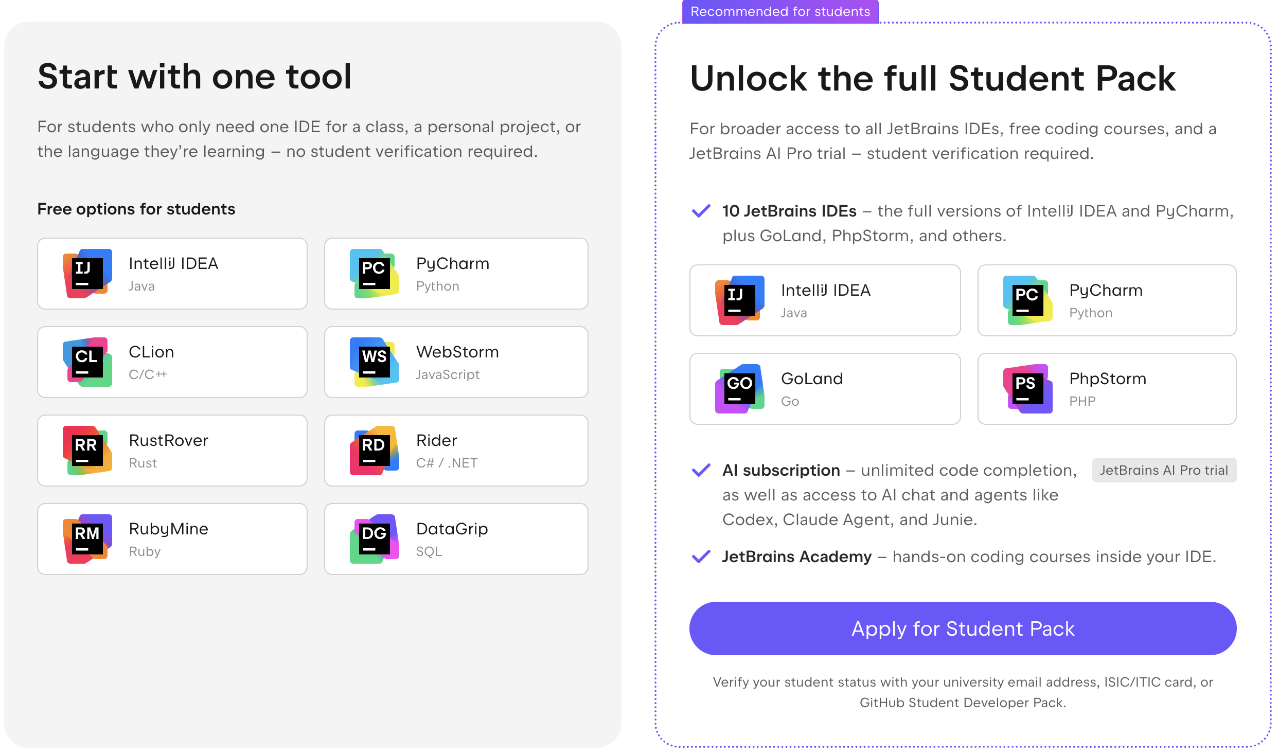 JetBrains Student Pack showing free IDEs, coding courses and AI benefits for verified students