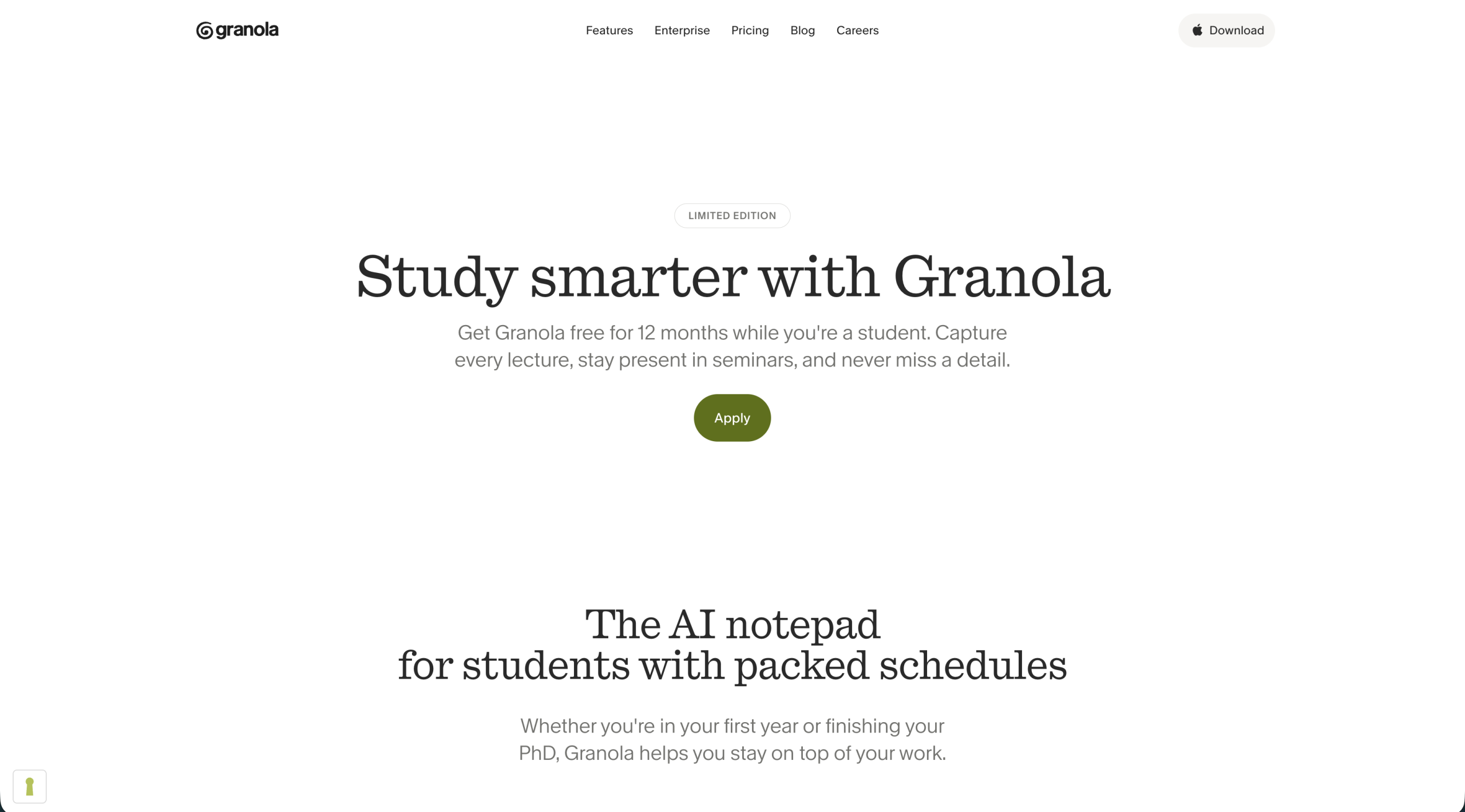 Granola student application page for 12 months of Granola Business free