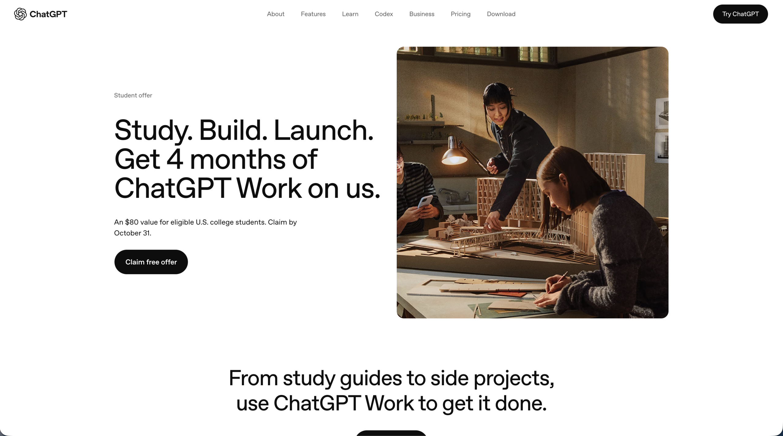 ChatGPT Plus student offer claim page showing 4 months free in 2026