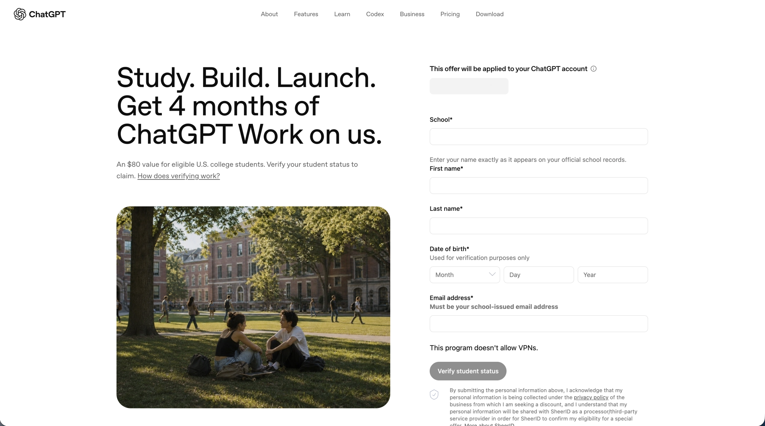 ChatGPT Plus student discount verification form for eligible college students