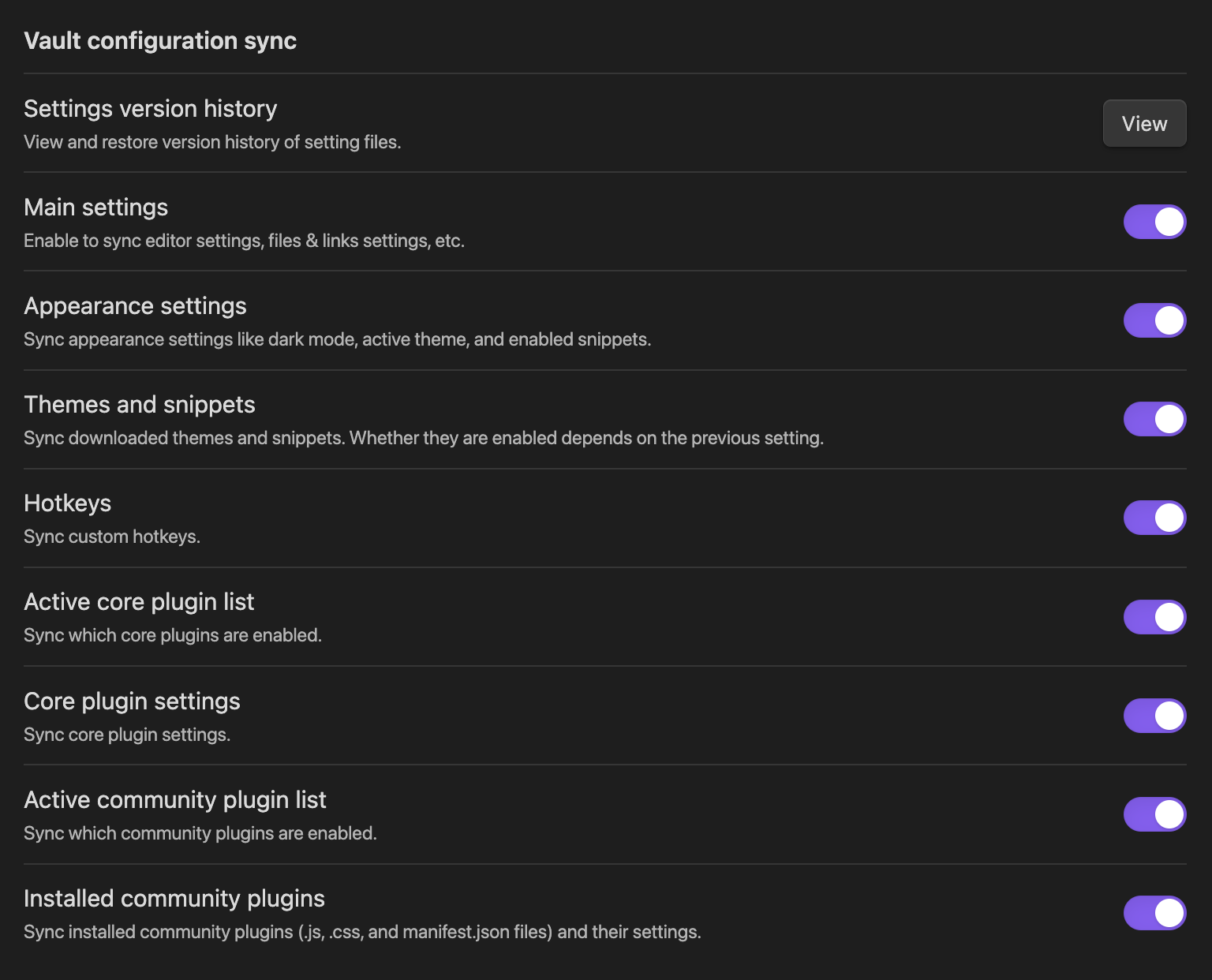 Obsidian Sync settings on macOS for syncing student notes across devices