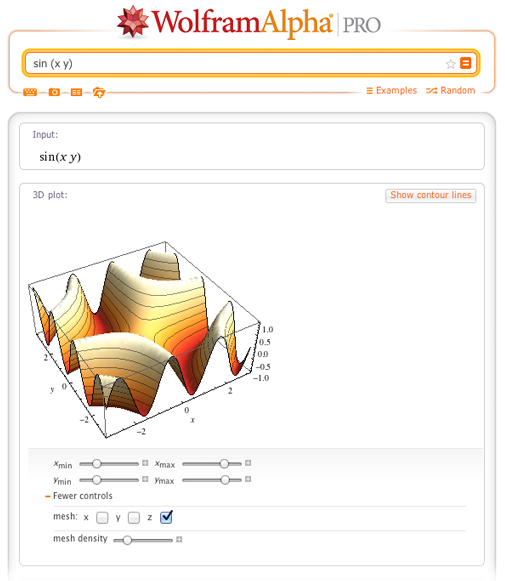 Wolfram Alpha 3D plot of sin(xy)