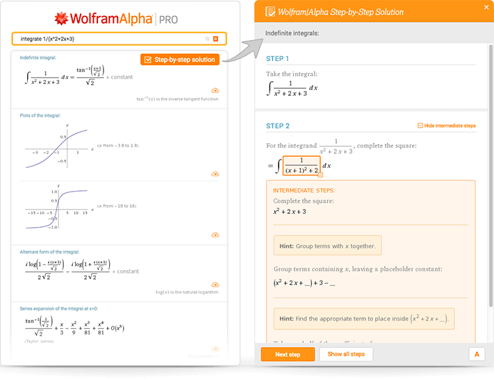 Wolfram Alpha Pro step-by-step integral solutions