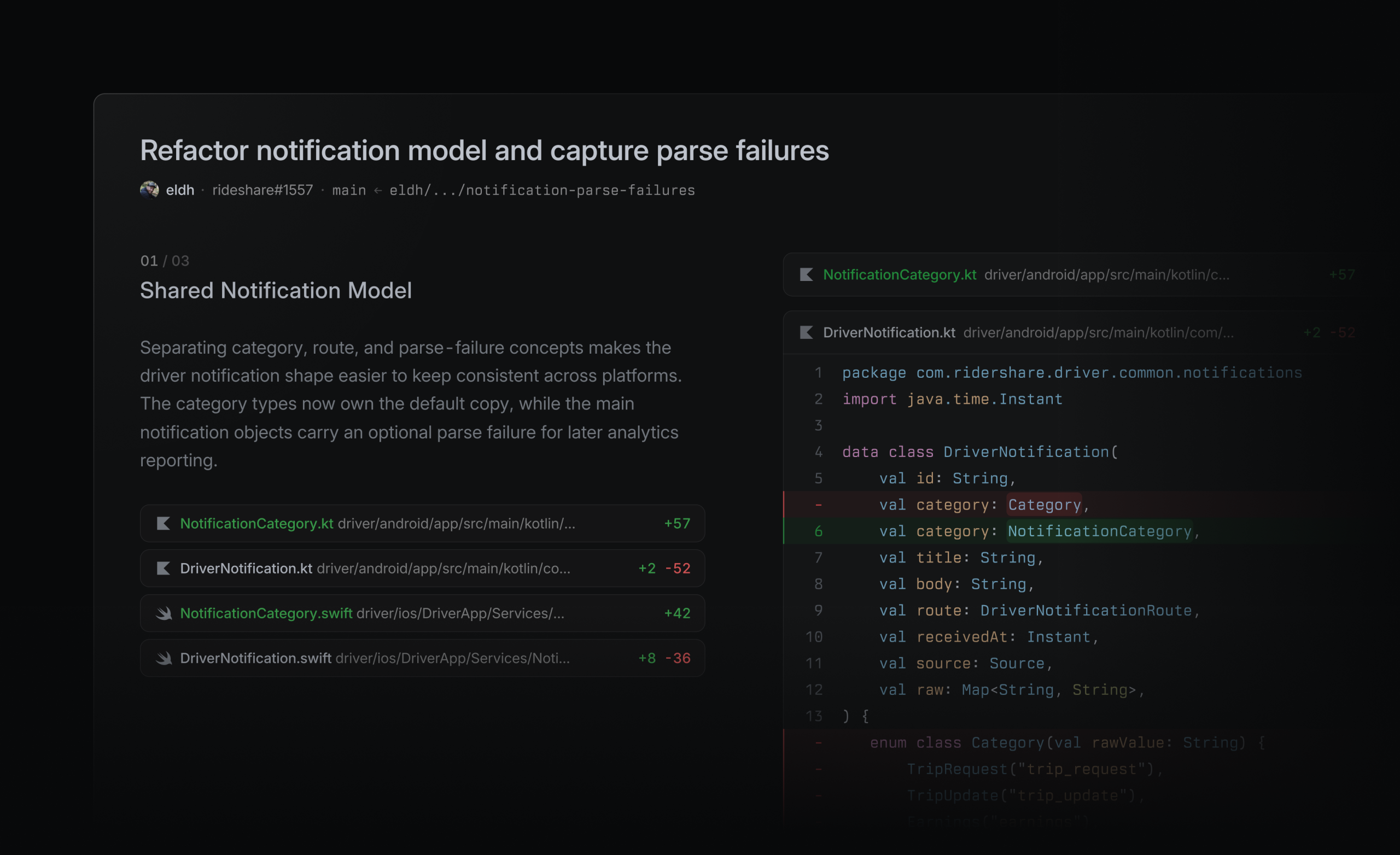 Linear guided code review showing pull request changes and explanations
