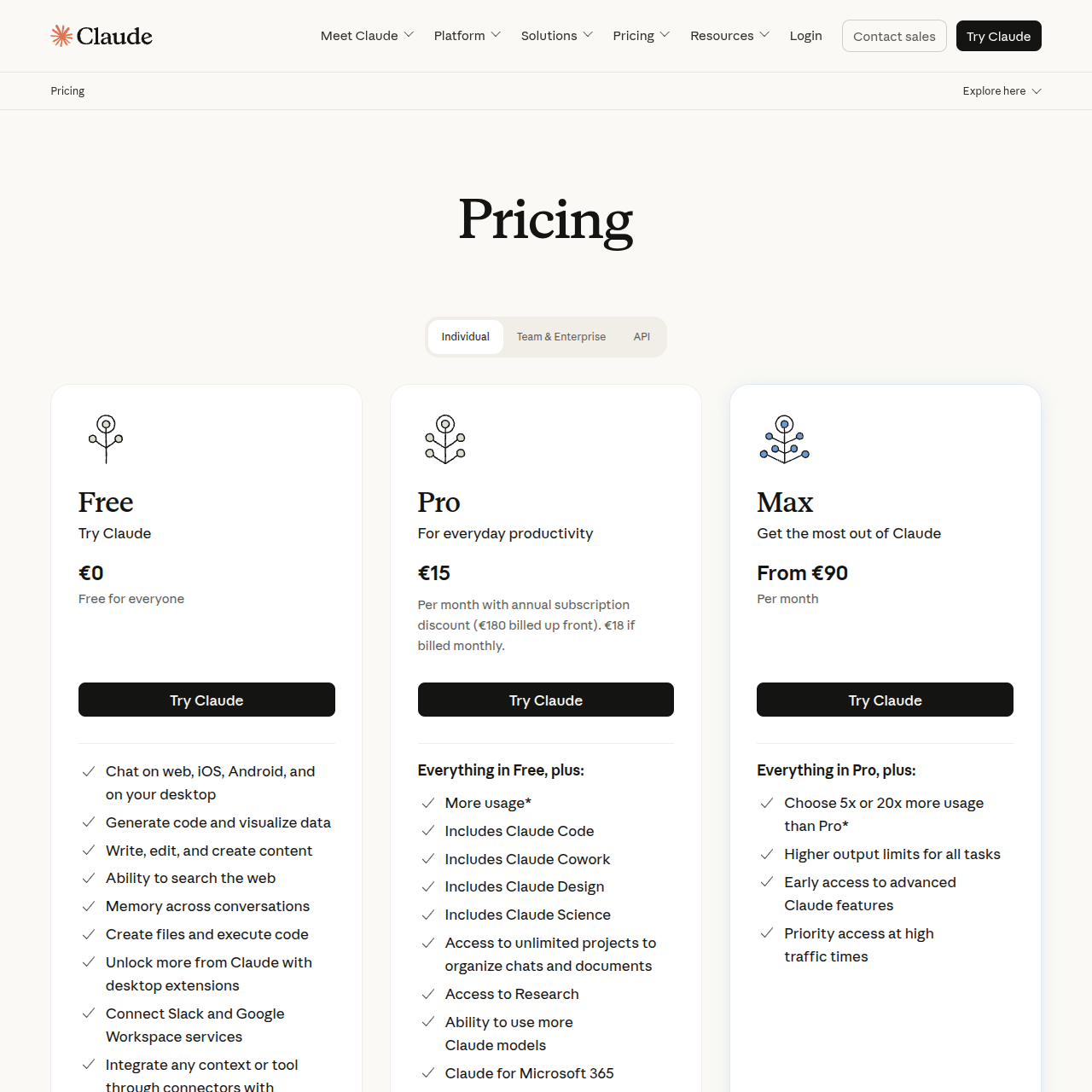 Claude pricing page showing Free, Pro, and Max plans with prices in euros