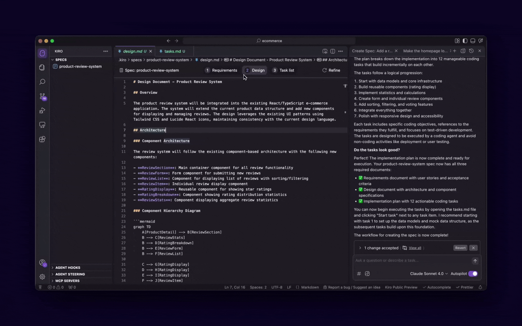 Kiro IDE generating implementation tasks and subtasks from a project specification