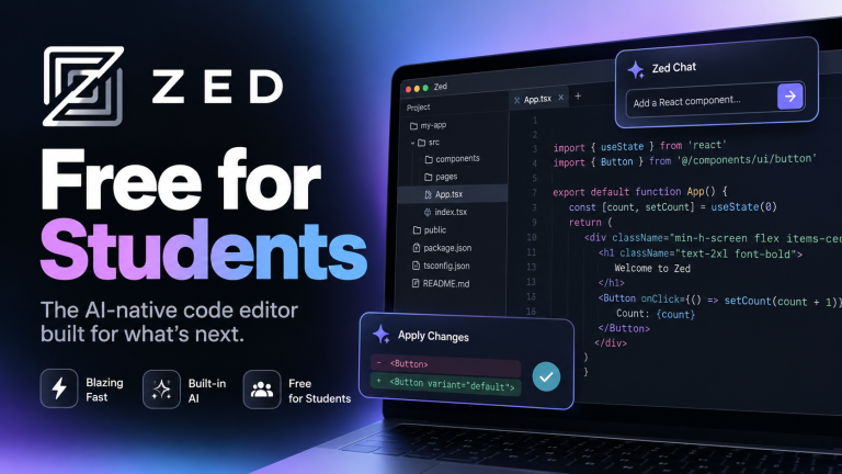 Zed Student Plan 2026 featuring the Zed AI code editor, built-in AI chat, and free access for university students