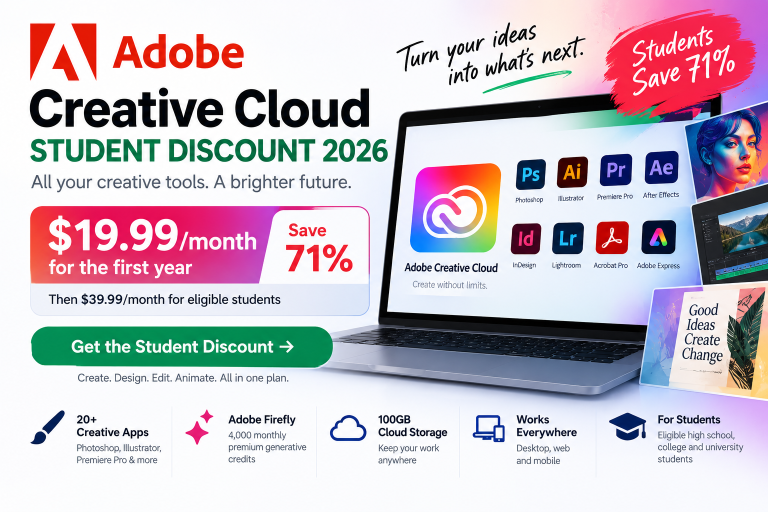 Adobe Creative Cloud Student Discount 2026 with 71% off and $19.99 per month first-year pricing