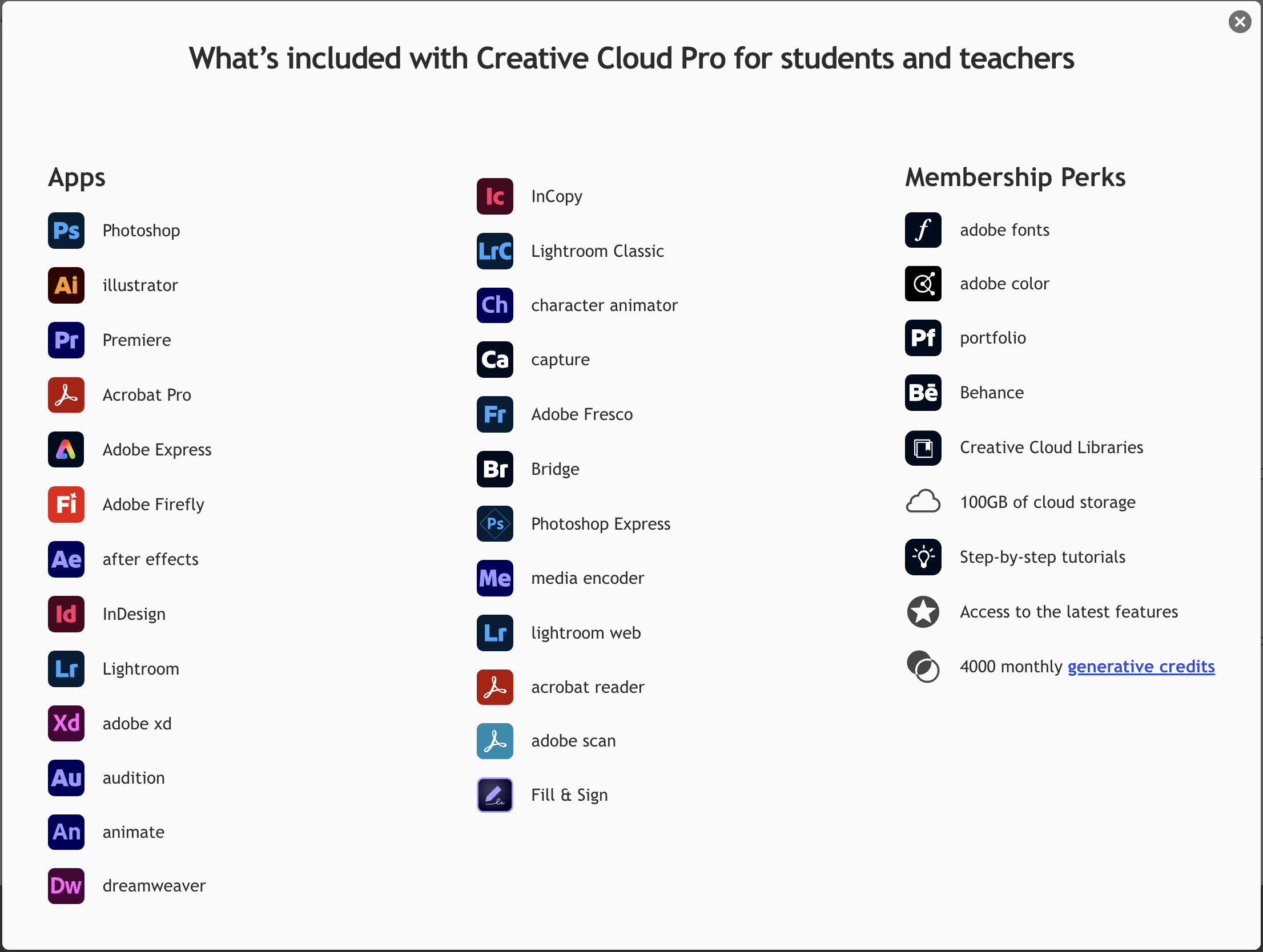 Adobe Creative Cloud Pro student plan apps included Photoshop Illustrator Premiere Acrobat Firefly