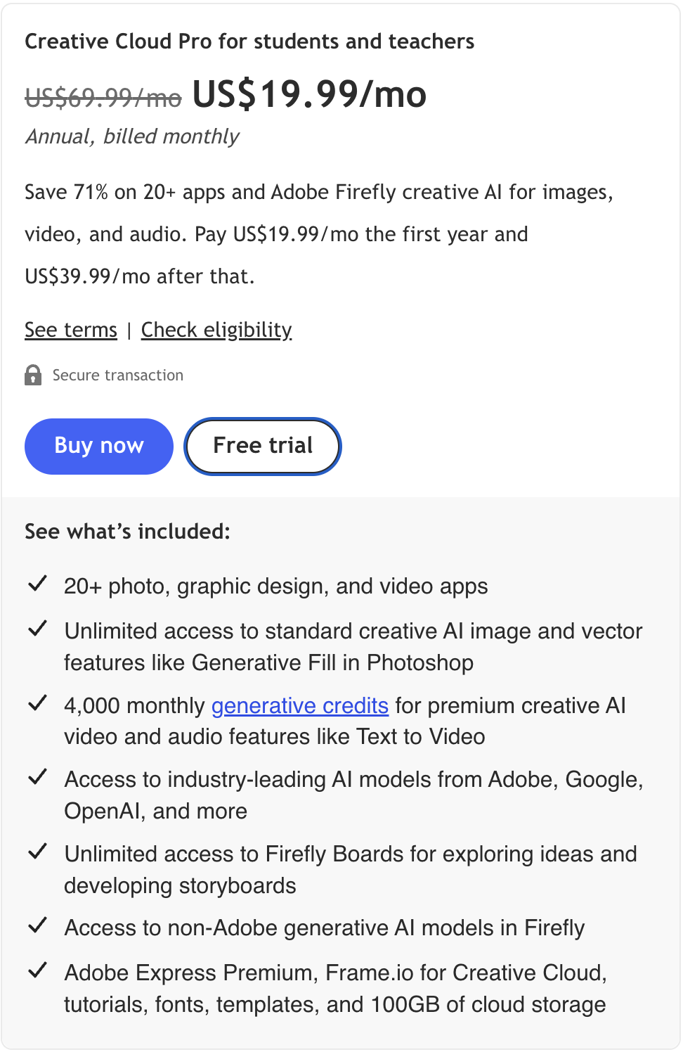 Adobe Creative Cloud student pricing 2026 showing $19.99 first year and $39.99 renewal