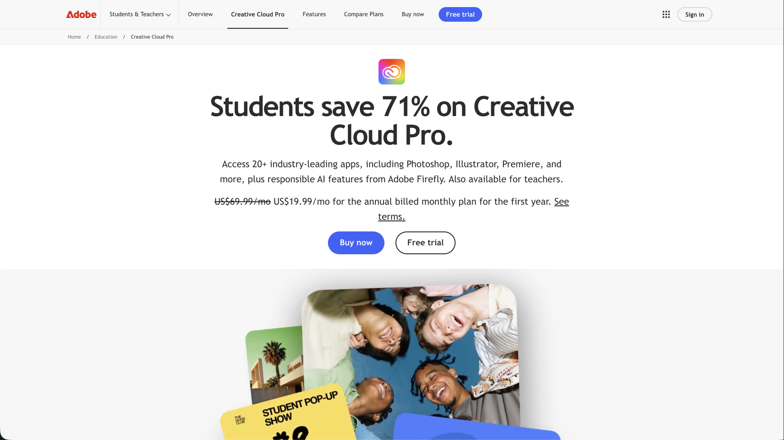 Adobe Creative Cloud student discount 2026 offer for students and teachers