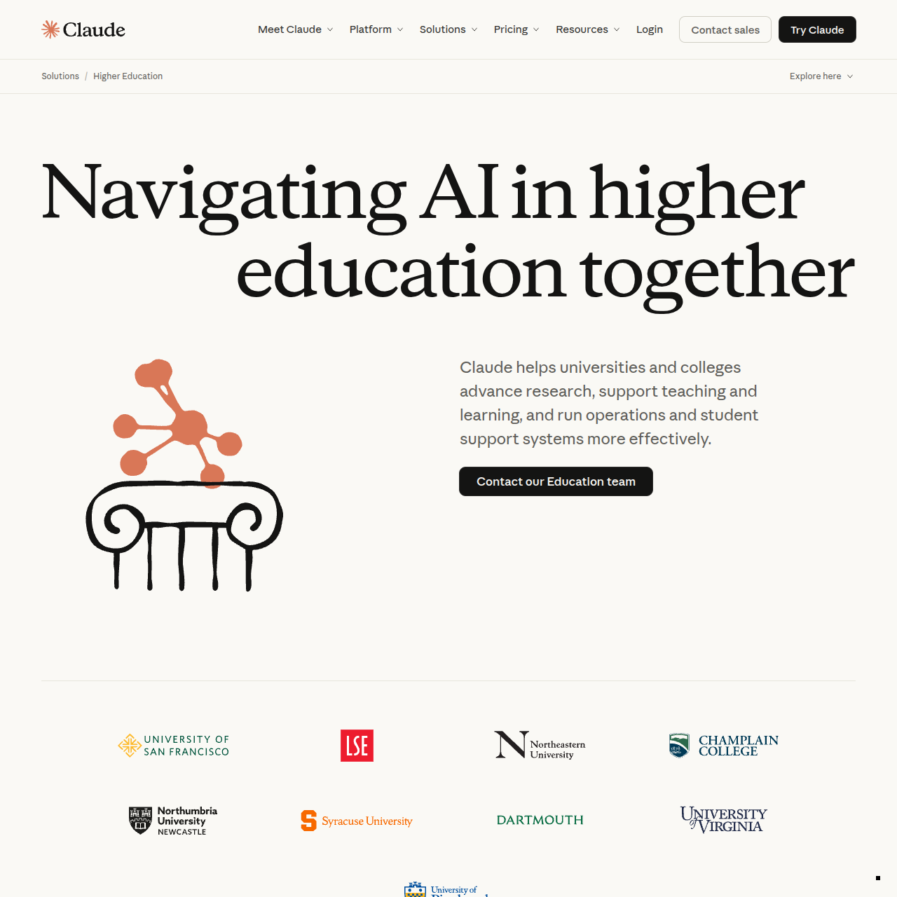 Claude for higher education page with university partners and an education team contact button