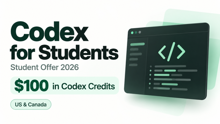Codex for Students banner highlighting $100 in Codex credits for eligible university students in the US and Canada.