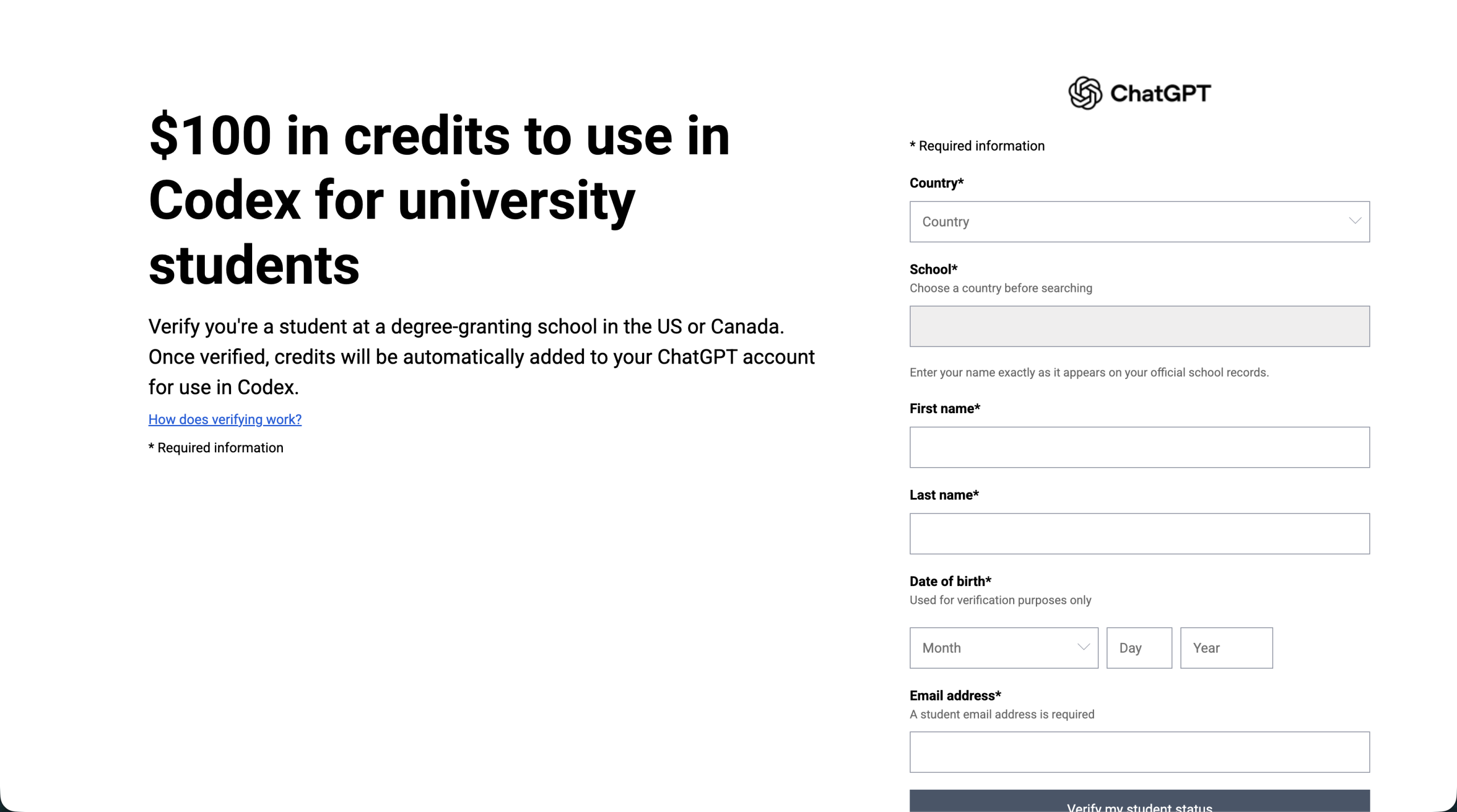 Student verification form for the Codex credit offer, asking for country, school, name, date of birth, and student email.