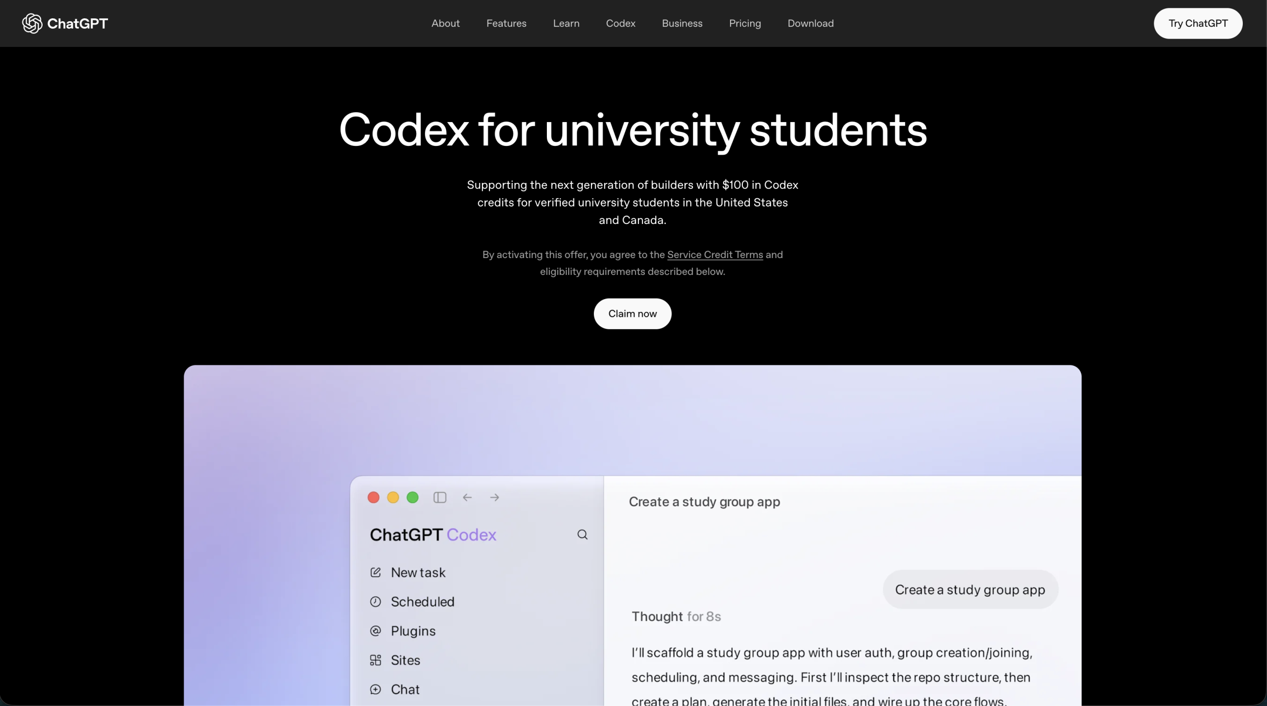 Official Codex for university students page showing the $100 credit offer for US and Canadian students and the Claim now button.